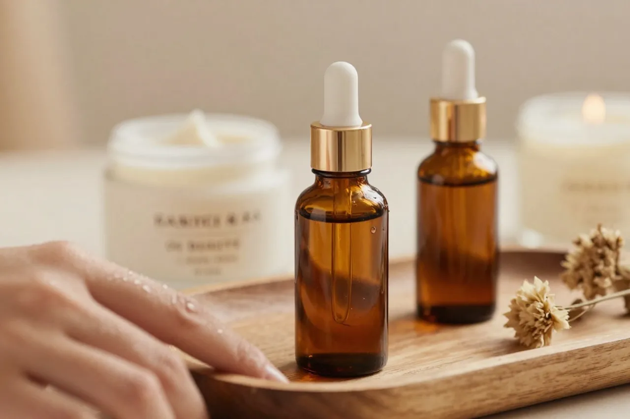 Cosmétiques naturels en flacons ambrés posés sur un plateau